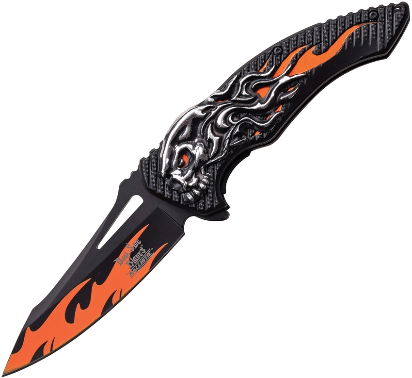 Dark Side DSA034OR Skull Flame Linerlock A/O Knife, Orange