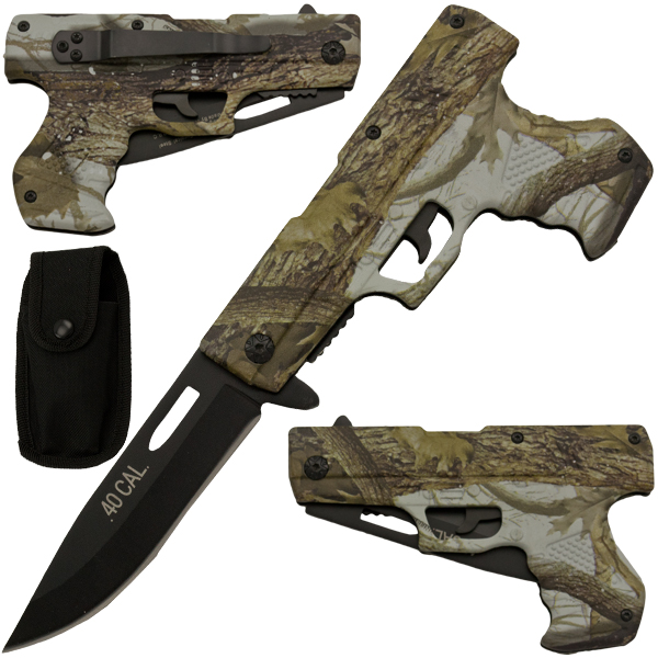 Spring Assisted Gun Pistol Knife - Camo 4